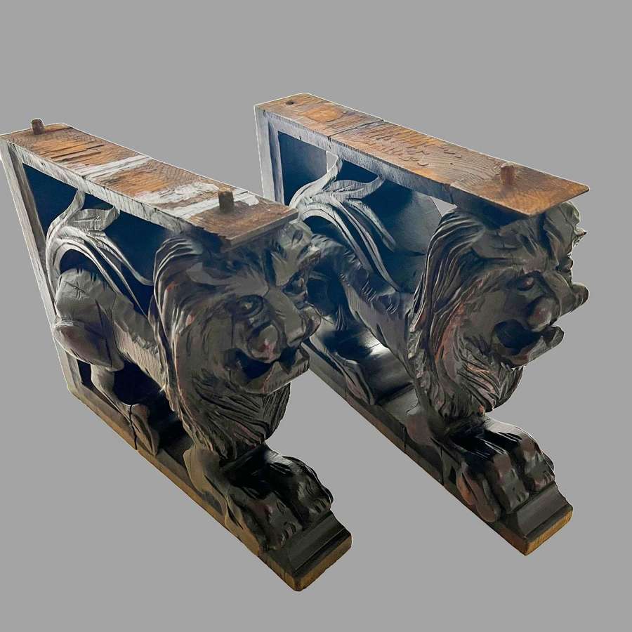 A pair of Carved Oak Lion Corbels Circa 1880