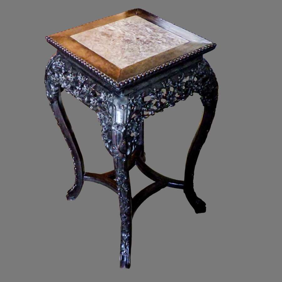 Early 20th Century Oriental Carved Hardwood Table with Rose Marble Top