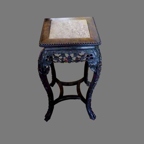 Early 20th Century Oriental Carved Hardwood Table with Rose Marble Top