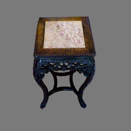 Early 20th Century Oriental Carved Hardwood Table with Rose Marble Top