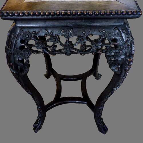 Early 20th Century Oriental Carved Hardwood Table with Rose Marble Top