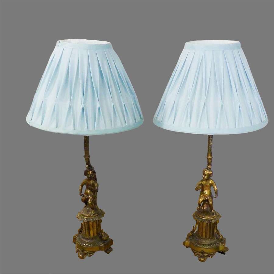 A Pair of Brass Figural Lamps paired with Laura Ashley Shades