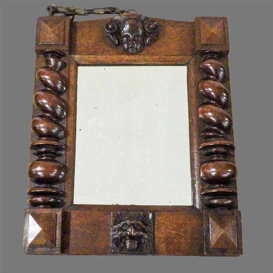 C1900 Oak Mirror with Barley Twist Columns & Carved Finials